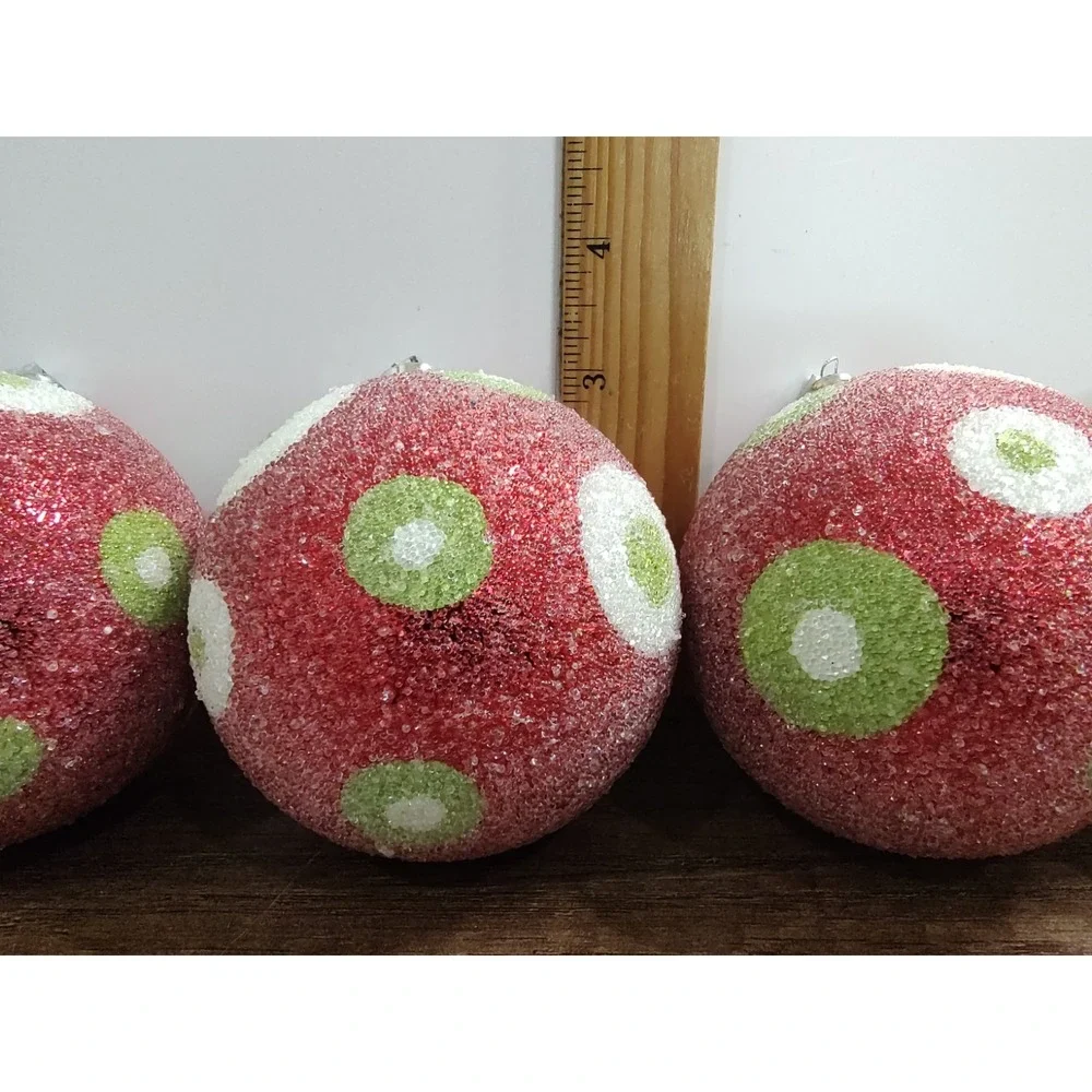 Polka Dot Round Hanging Christmas Ornaments Lot Of 4 Sugared Red White Green A1
